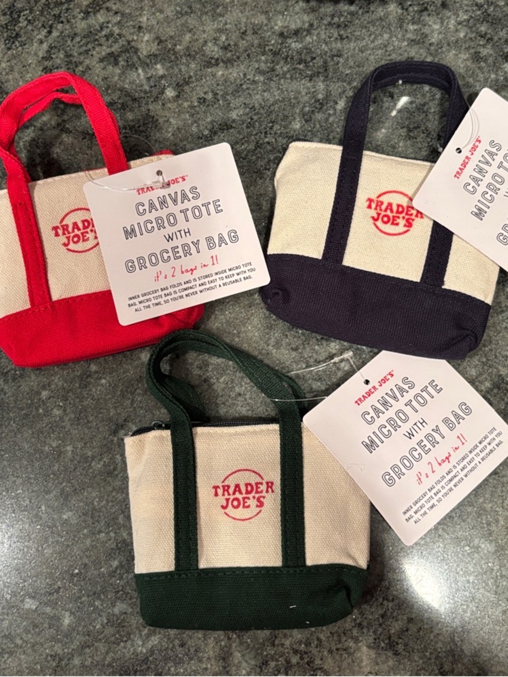 Trader Joe's Canvas Micro Tote with Grocery Bag - Red, Navy, Green